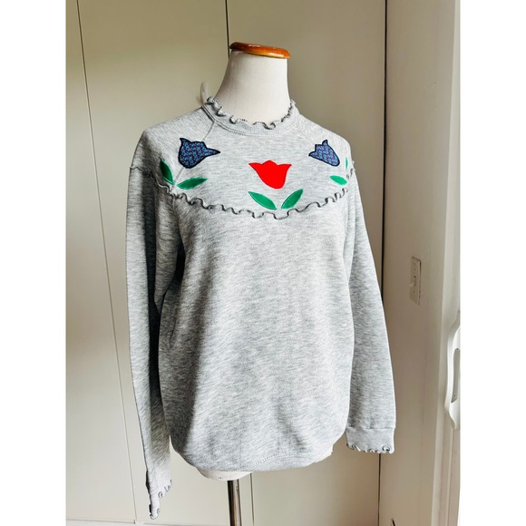 Vintage 80s Sweatshirt Tulips Lettuce Trim Grey Red Large Made in USA Granny - Picture 4 of 8